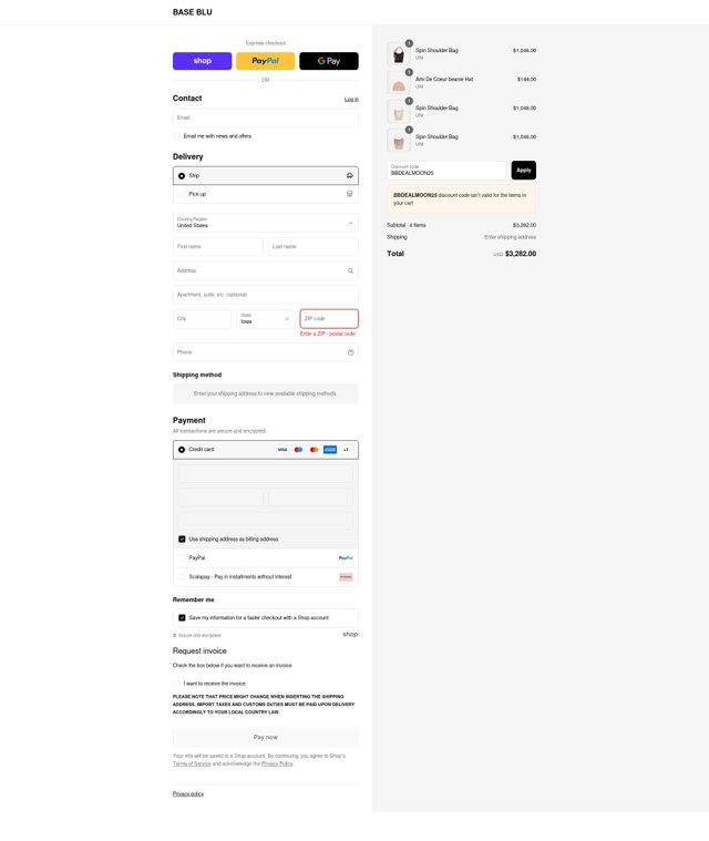 Base Blu Italy checkout page showing Base Blu Italy promo code box | Screenshot taken by SimplyCodes community member on Aug 29, 2025