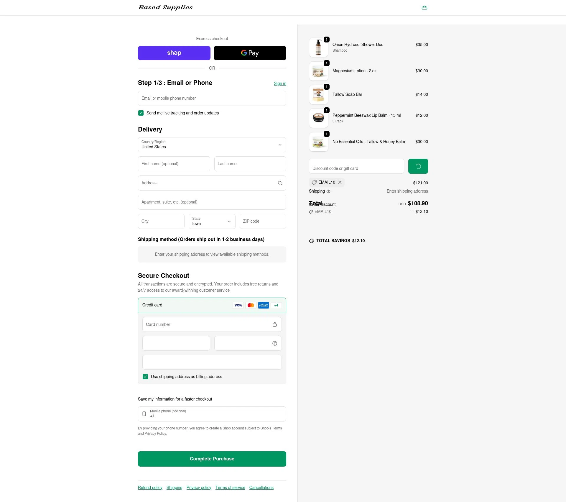 Based Supplies checkout page showing Based Supplies discount code box | Screenshot taken by SimplyCodes community member on Feb 10, 2026