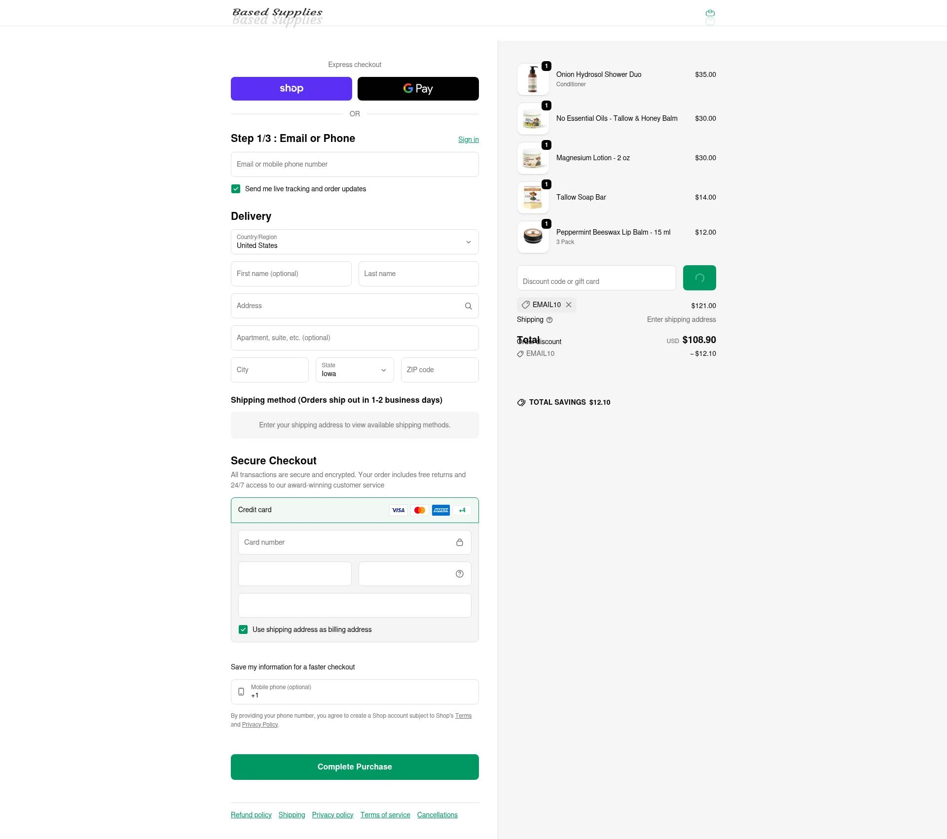 Based Supplies checkout page showing Based Supplies discount code box | Screenshot taken by SimplyCodes community member on Feb 1, 2026