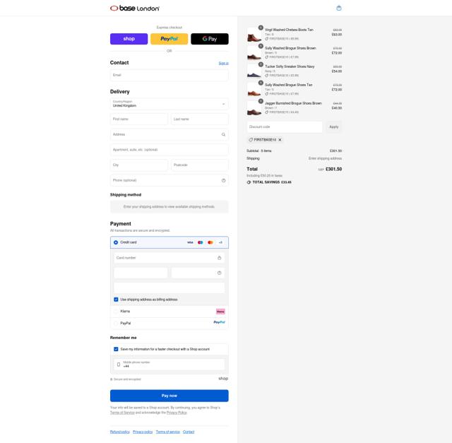 Base London checkout page showing Base London promo code box | Screenshot taken by SimplyCodes community member on Sep 11, 2025