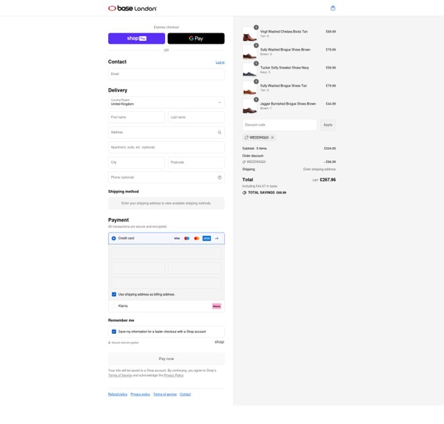 Base London checkout page showing Base London promo code box | Screenshot taken by SimplyCodes community member on Aug 25, 2025