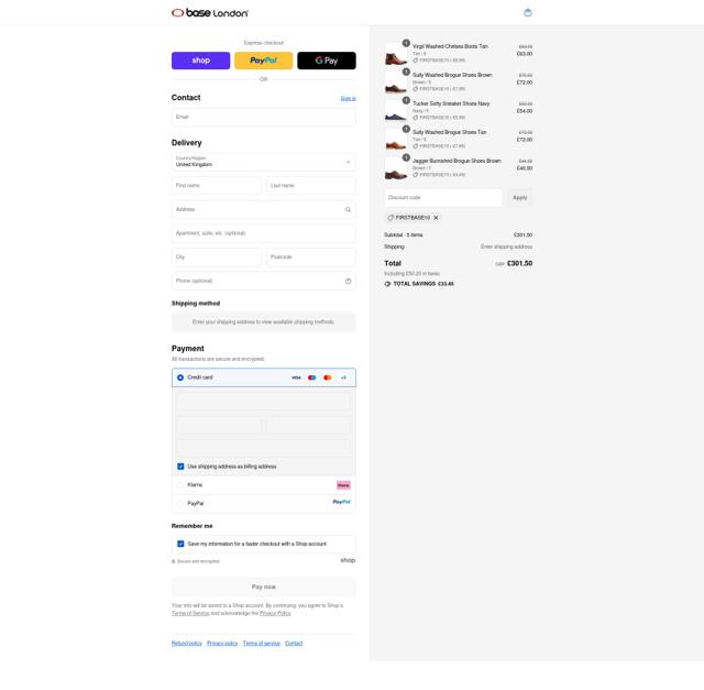 Base London checkout page showing Base London promo code box | Screenshot taken by SimplyCodes community member on Sep 15, 2025