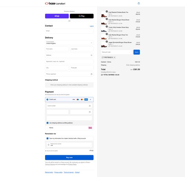 Base London checkout page showing Base London promo code box | Screenshot taken by SimplyCodes community member on Sep 7, 2025