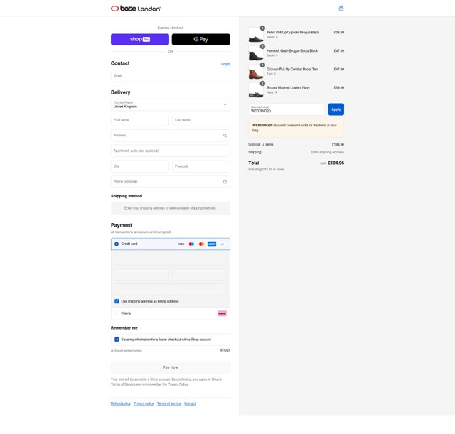 Base London checkout page showing Base London promo code box | Screenshot taken by SimplyCodes community member on Aug 15, 2025