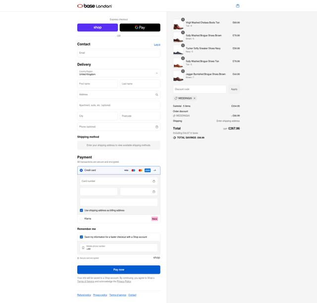 Base London checkout page showing Base London promo code box | Screenshot taken by SimplyCodes community member on Aug 29, 2025
