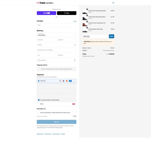 Base London checkout page showing Base London promo code box | Screenshot taken by SimplyCodes community member on Aug 11, 2025