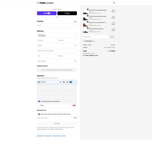 Base London checkout page showing Base London promo code box | Screenshot taken by SimplyCodes community member on Aug 15, 2025