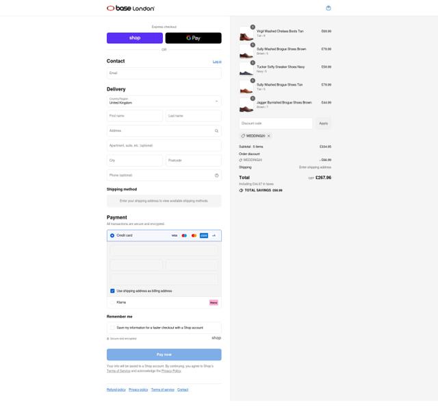 Base London checkout page showing Base London promo code box | Screenshot taken by SimplyCodes community member on Sep 7, 2025
