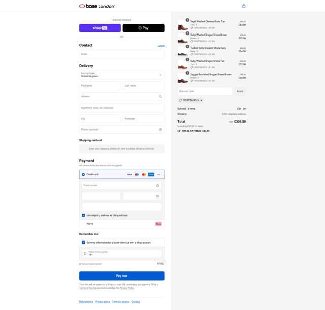 Base London checkout page showing Base London promo code box | Screenshot taken by SimplyCodes community member on Aug 25, 2025