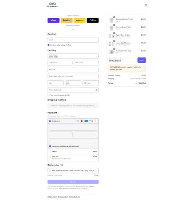 Basepaws checkout page showing Basepaws discount code box | Screenshot taken by SimplyCodes community member on Sep 6, 2025