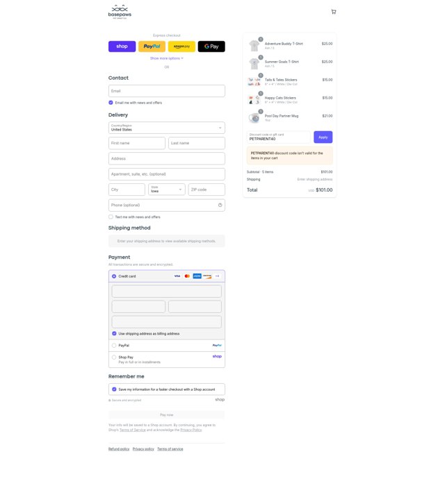 Basepaws checkout page showing Basepaws discount code box | Screenshot taken by SimplyCodes community member on Aug 28, 2025