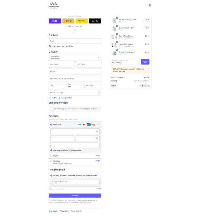 Basepaws checkout page showing Basepaws discount code box | Screenshot taken by SimplyCodes community member on Sep 6, 2025
