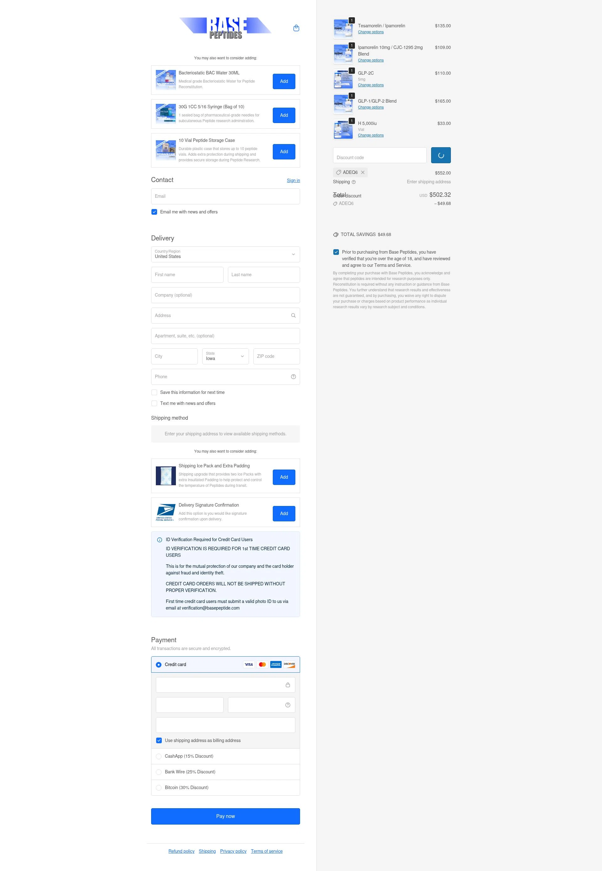 Base Peptides checkout page showing Base Peptides discount code box | Screenshot taken by SimplyCodes community member on Jan 24, 2026
