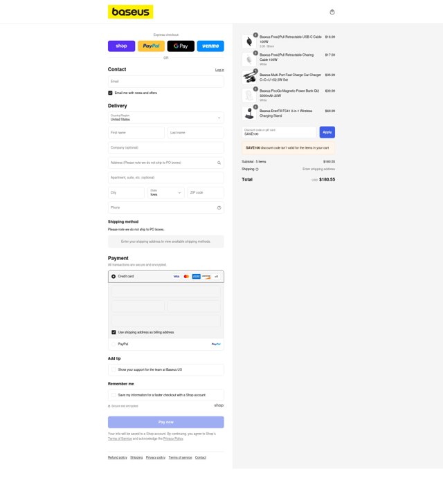 Baseus checkout page showing Baseus promo code box | Screenshot taken by SimplyCodes community member on Sep 3, 2025