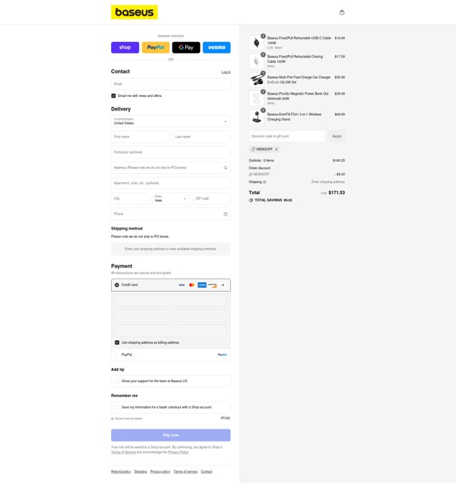 Baseus checkout page showing Baseus promo code box | Screenshot taken by SimplyCodes community member on Sep 3, 2025
