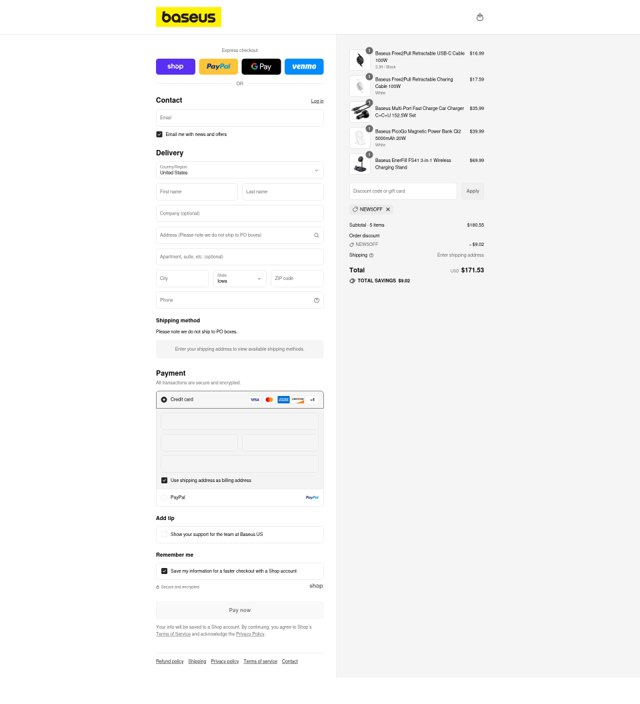 Baseus checkout page showing Baseus promo code box | Screenshot taken by SimplyCodes community member on Aug 30, 2025