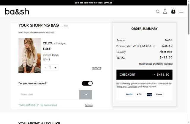 Ba&sh checkout page showing Ba&sh promo code box | Screenshot taken by SimplyCodes community member on Sep 1, 2025