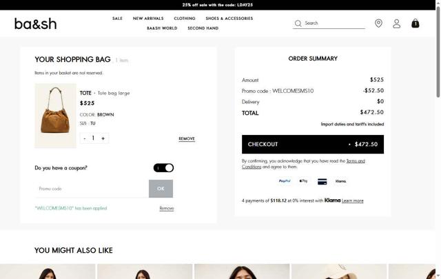 Ba&sh checkout page showing Ba&sh promo code box | Screenshot taken by SimplyCodes community member on Sep 1, 2025