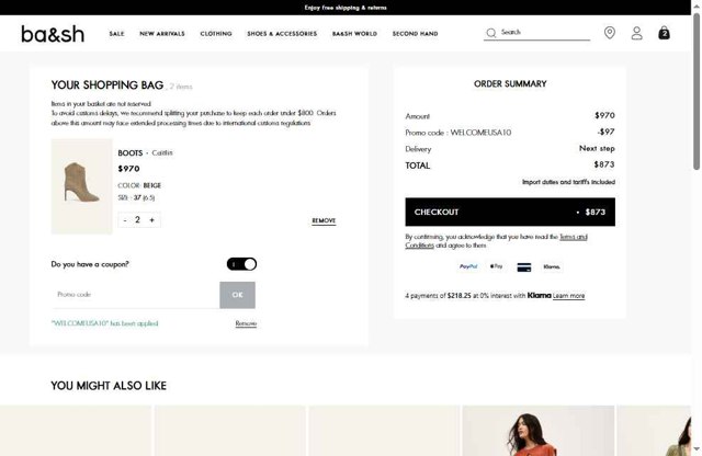 Ba&sh checkout page showing Ba&sh promo code box | Screenshot taken by SimplyCodes community member on Aug 1, 2025