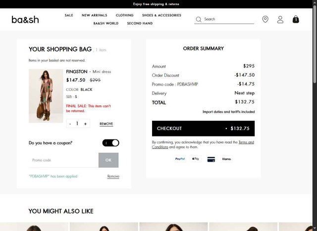 Ba&sh checkout page showing Ba&sh promo code box | Screenshot taken by SimplyCodes community member on Aug 14, 2025