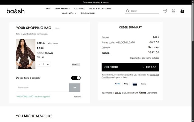 Ba&sh checkout page showing Ba&sh promo code box | Screenshot taken by SimplyCodes community member on Aug 13, 2025