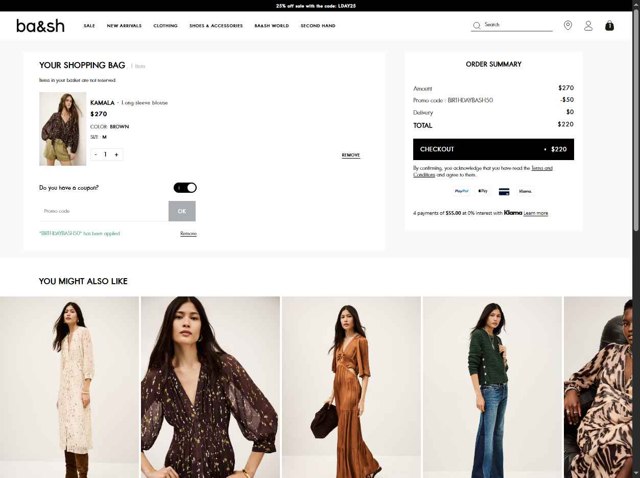 Ba&sh checkout page showing Ba&sh promo code box | Screenshot taken by SimplyCodes community member on Aug 28, 2025
