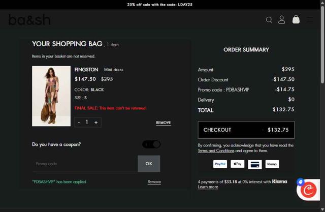 Ba&sh checkout page showing Ba&sh promo code box | Screenshot taken by SimplyCodes community member on Sep 1, 2025
