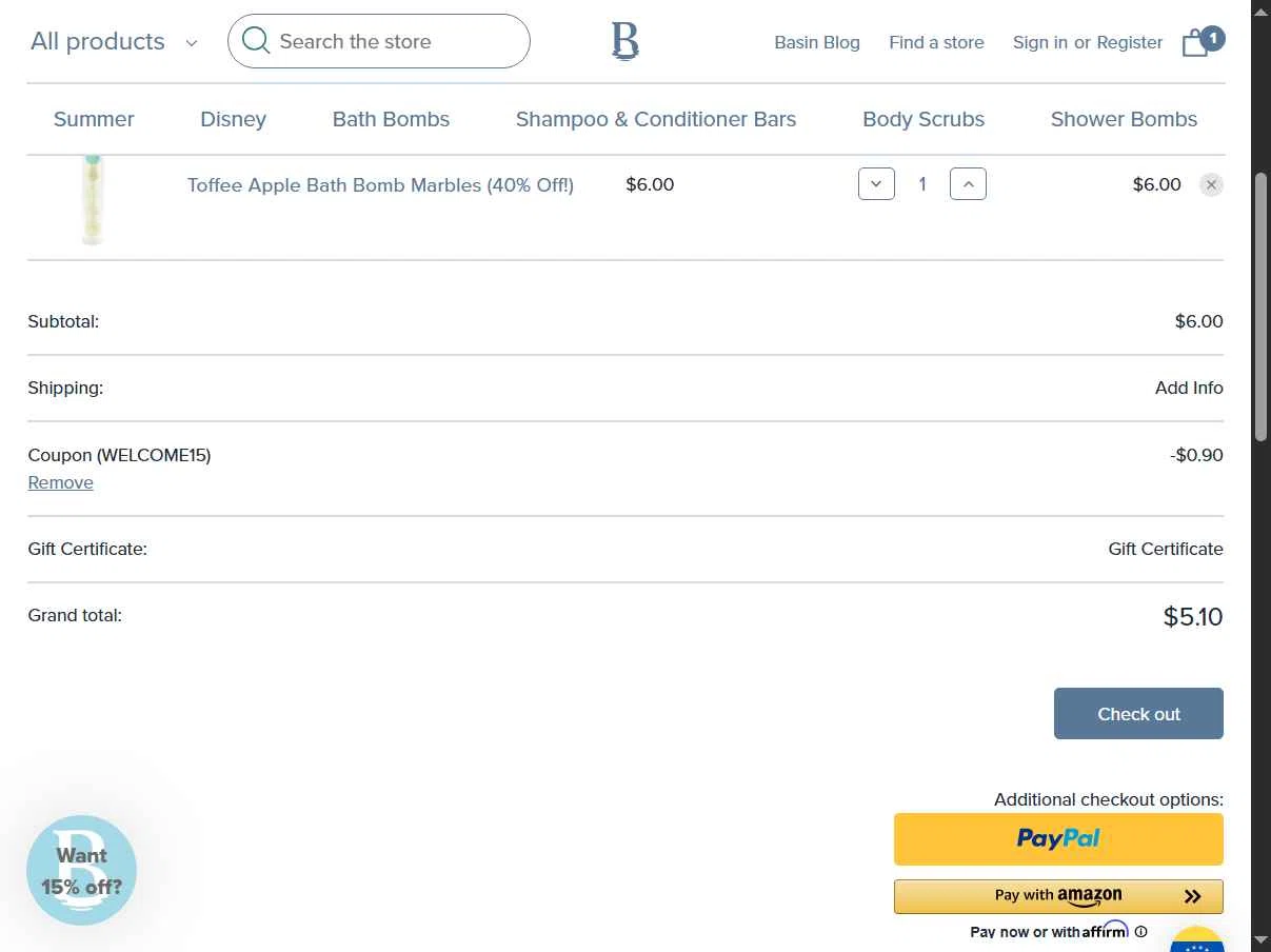Basin checkout page showing Basin promo code box | Screenshot taken by SimplyCodes community member on May 20, 2025
