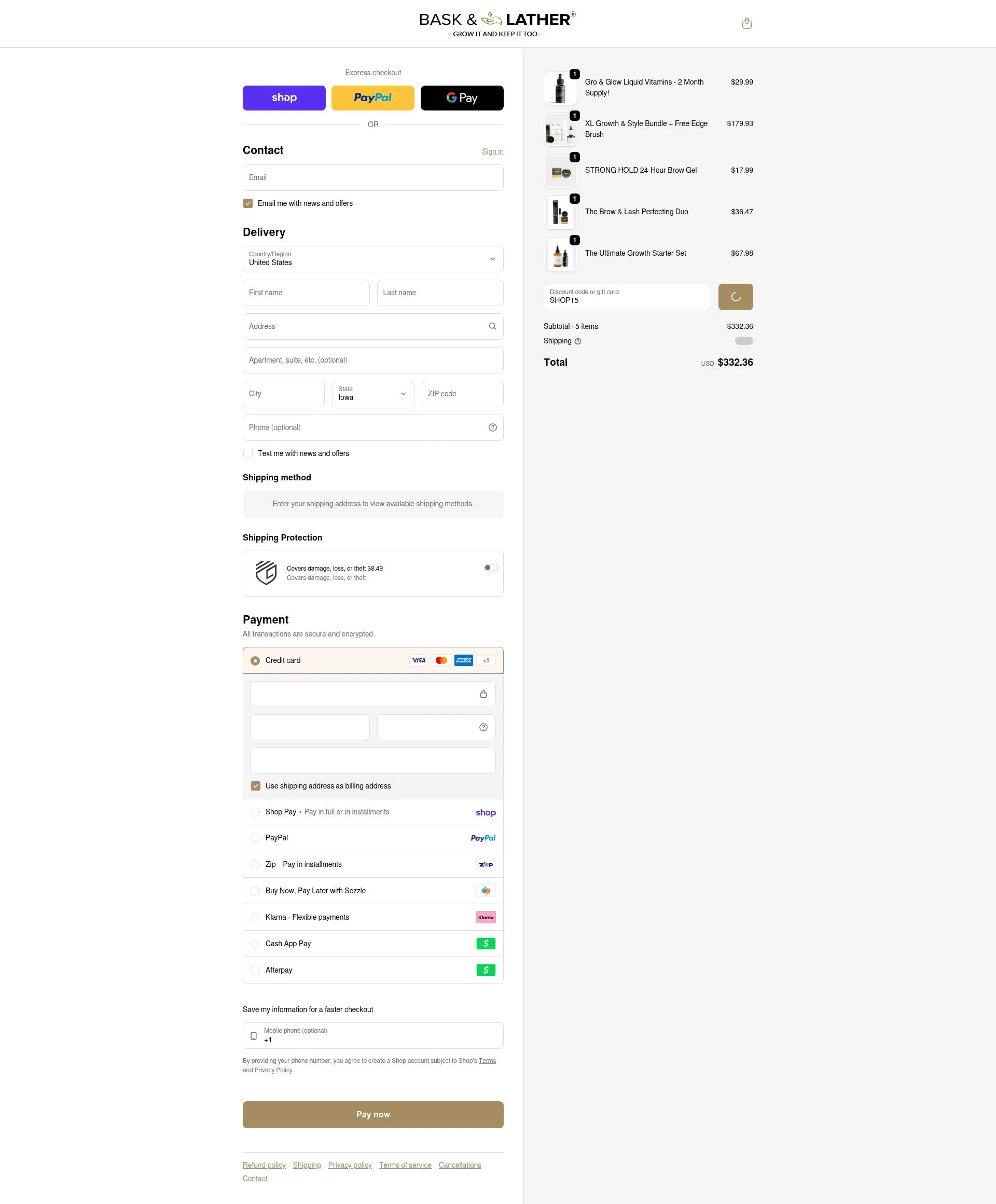Bask and Lather Co. checkout page showing Bask and Lather Co. discount code box | Screenshot taken by SimplyCodes community member on Feb 19, 2026