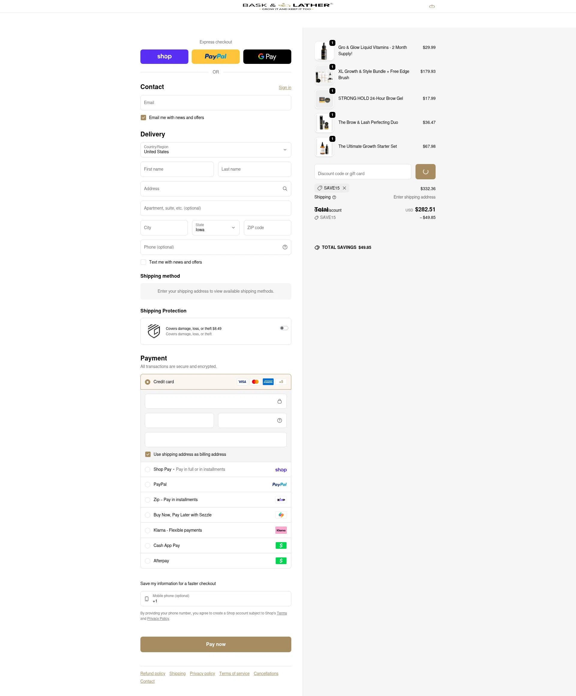 Bask and Lather Co. checkout page showing Bask and Lather Co. discount code box | Screenshot taken by SimplyCodes community member on Feb 19, 2026