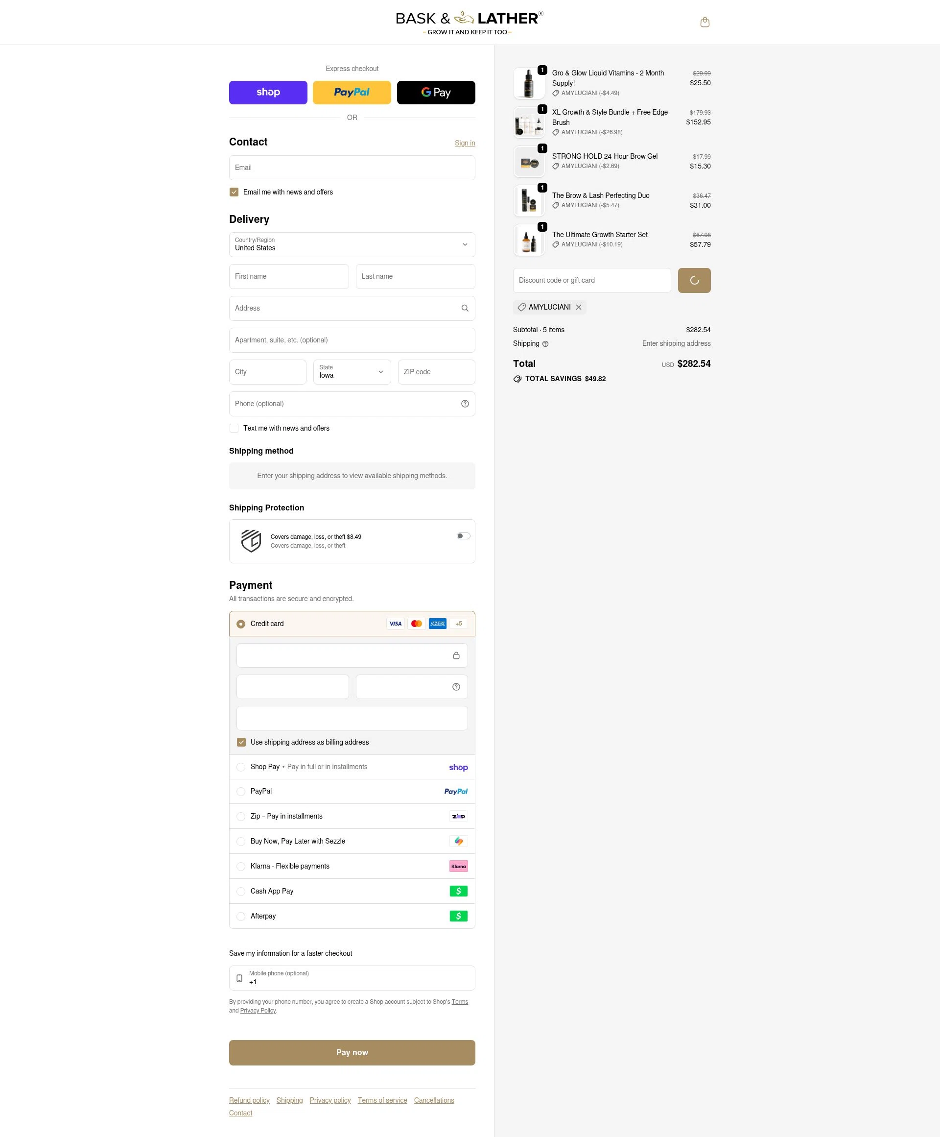 Bask and Lather Co. checkout page showing Bask and Lather Co. discount code box | Screenshot taken by SimplyCodes community member on Feb 19, 2026