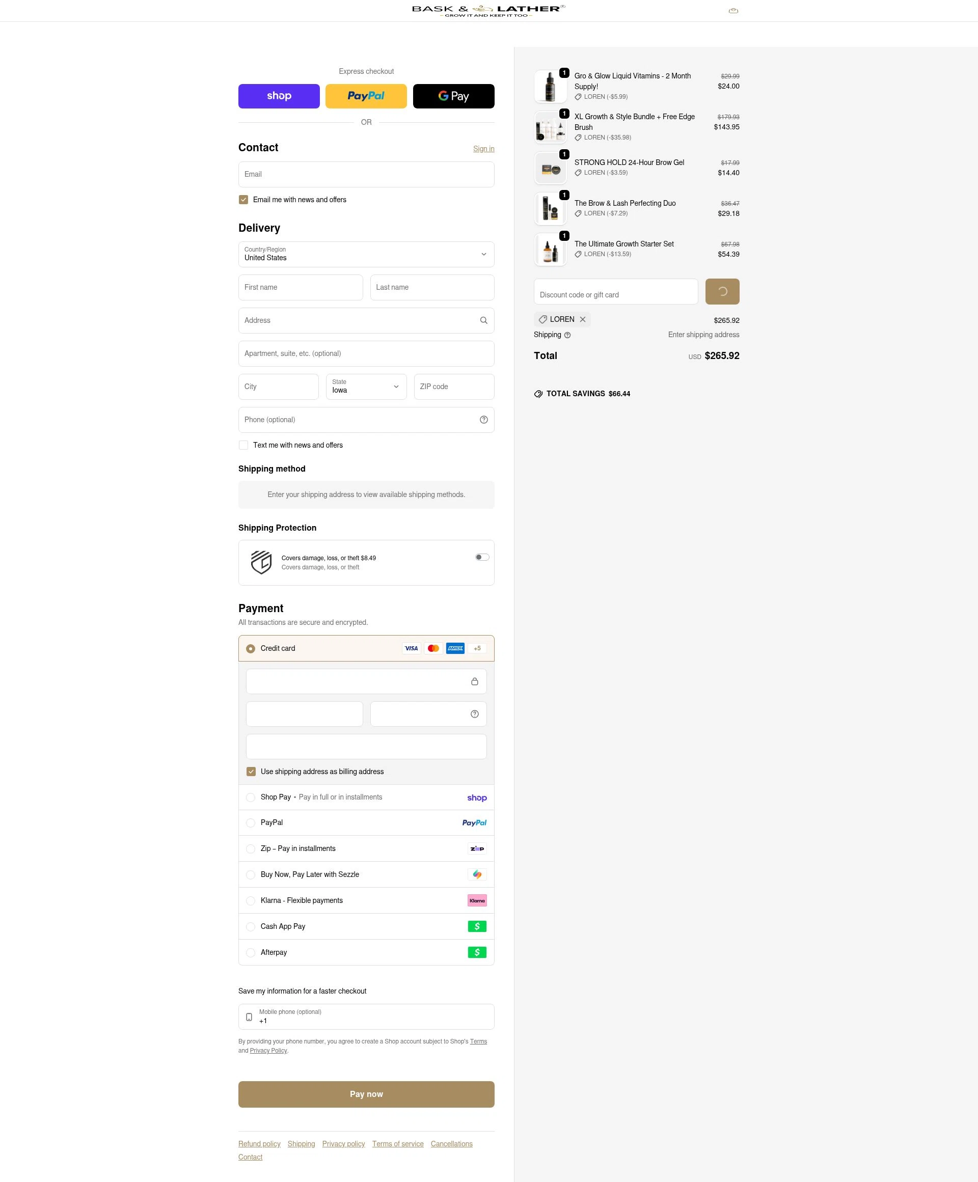 Bask and Lather Co. checkout page showing Bask and Lather Co. discount code box | Screenshot taken by SimplyCodes community member on Feb 19, 2026