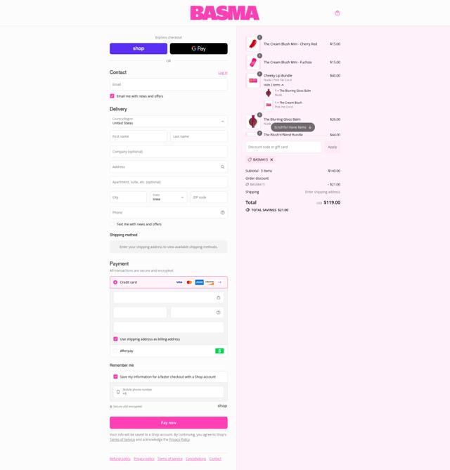 BASMA Beauty checkout page showing BASMA Beauty discount code box | Screenshot taken by SimplyCodes community member on Sep 8, 2025