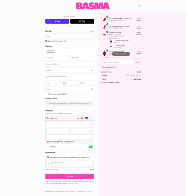 BASMA Beauty checkout page showing BASMA Beauty discount code box | Screenshot taken by SimplyCodes community member on Sep 12, 2025