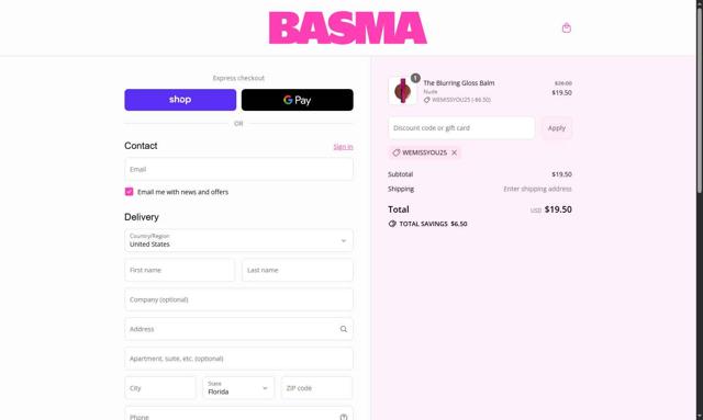 BASMA Beauty checkout page showing BASMA Beauty discount code box | Screenshot taken by SimplyCodes community member on Sep 11, 2025