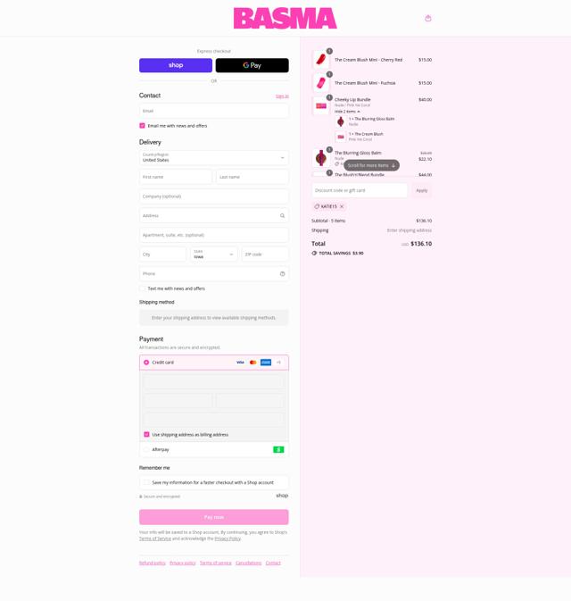 BASMA Beauty checkout page showing BASMA Beauty discount code box | Screenshot taken by SimplyCodes community member on Sep 12, 2025