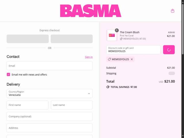 BASMA Beauty checkout page showing BASMA Beauty discount code box | Screenshot taken by SimplyCodes community member on Sep 12, 2025