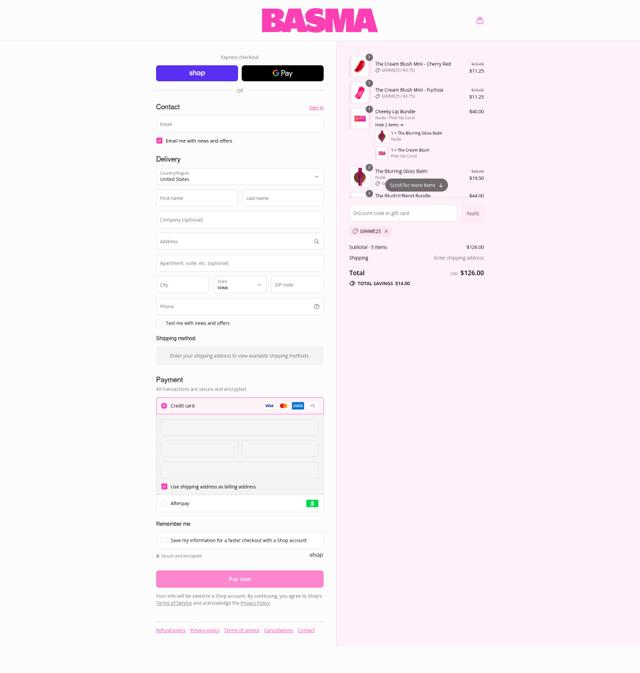 BASMA Beauty checkout page showing BASMA Beauty discount code box | Screenshot taken by SimplyCodes community member on Sep 12, 2025