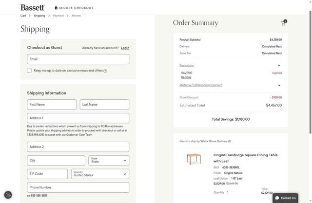 Bassett Furniture checkout page showing Bassett Furniture coupon code box | Screenshot taken by SimplyCodes community member on Jul 10, 2025
