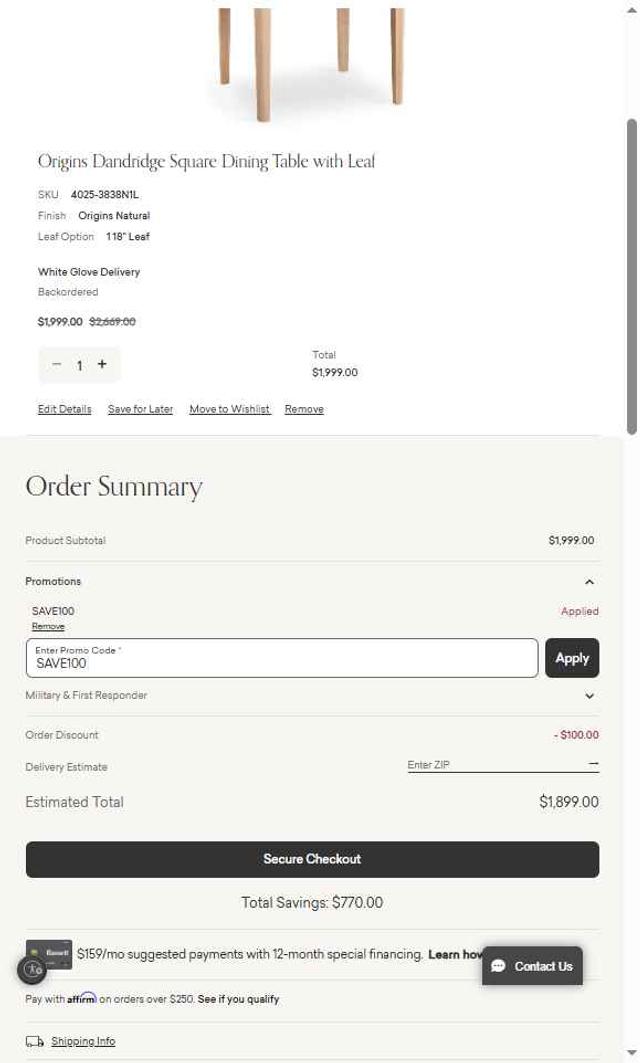 Bassett Furniture checkout page showing Bassett Furniture coupon code box | Screenshot taken by SimplyCodes community member on Jun 18, 2025