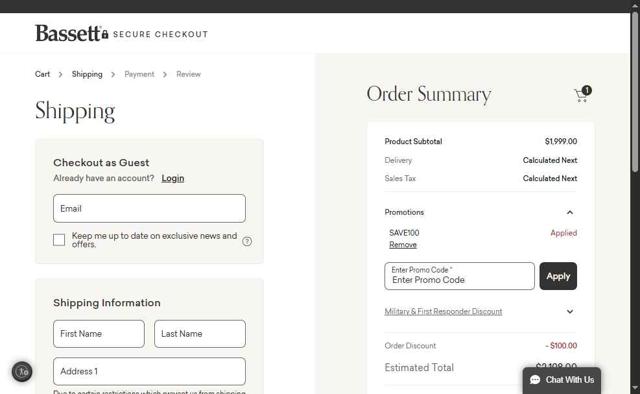 Bassett Furniture checkout page showing Bassett Furniture coupon code box | Screenshot taken by SimplyCodes community member on Jun 3, 2025