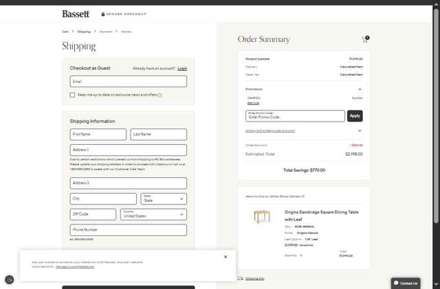 Bassett Furniture checkout page showing Bassett Furniture coupon code box | Screenshot taken by SimplyCodes community member on Jun 29, 2025
