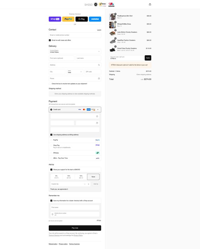 Basso checkout page showing Basso promo code box | Screenshot taken by SimplyCodes community member on Aug 25, 2025