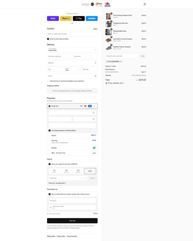 Basso checkout page showing Basso promo code box | Screenshot taken by SimplyCodes community member on Sep 15, 2025