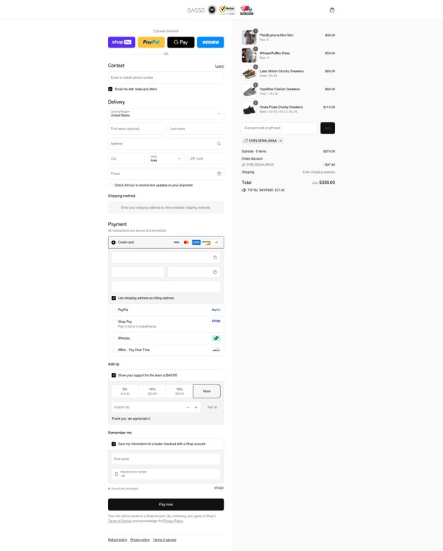 Basso checkout page showing Basso promo code box | Screenshot taken by SimplyCodes community member on Aug 25, 2025