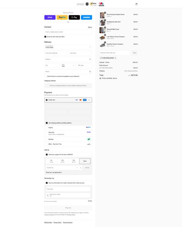 Basso checkout page showing Basso promo code box | Screenshot taken by SimplyCodes community member on Sep 15, 2025