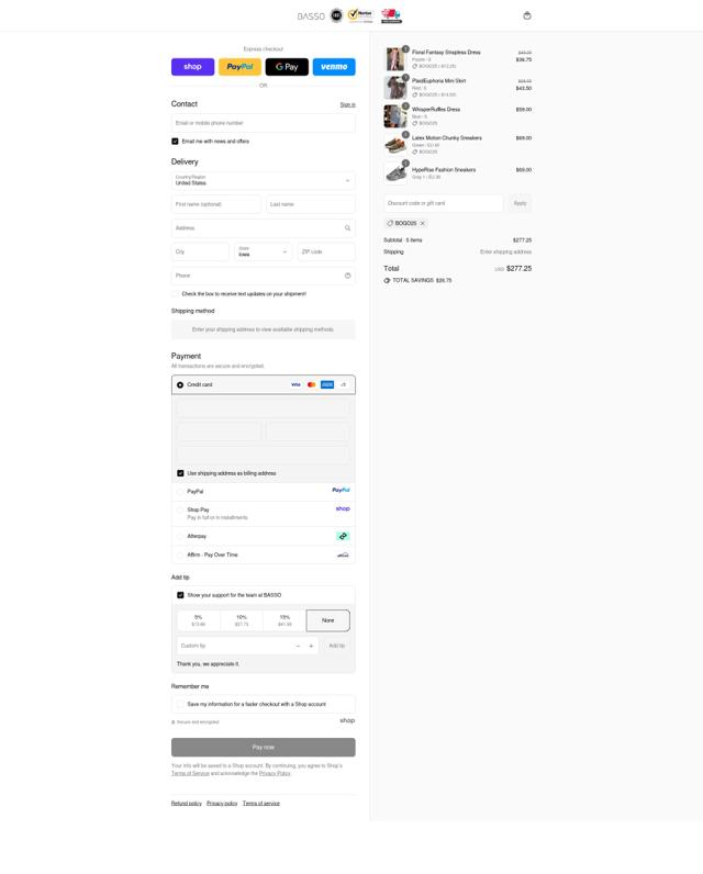Basso checkout page showing Basso promo code box | Screenshot taken by SimplyCodes community member on Sep 15, 2025