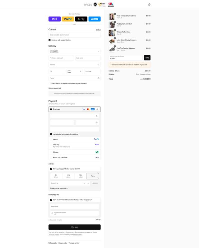 Basso checkout page showing Basso promo code box | Screenshot taken by SimplyCodes community member on Sep 15, 2025