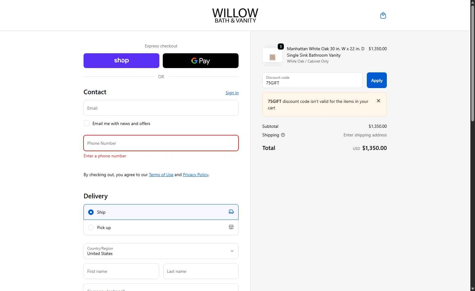 Willow Bath and Vanity checkout page showing Willow Bath and Vanity coupon code box | Screenshot taken by SimplyCodes community member on Nov 6, 2025