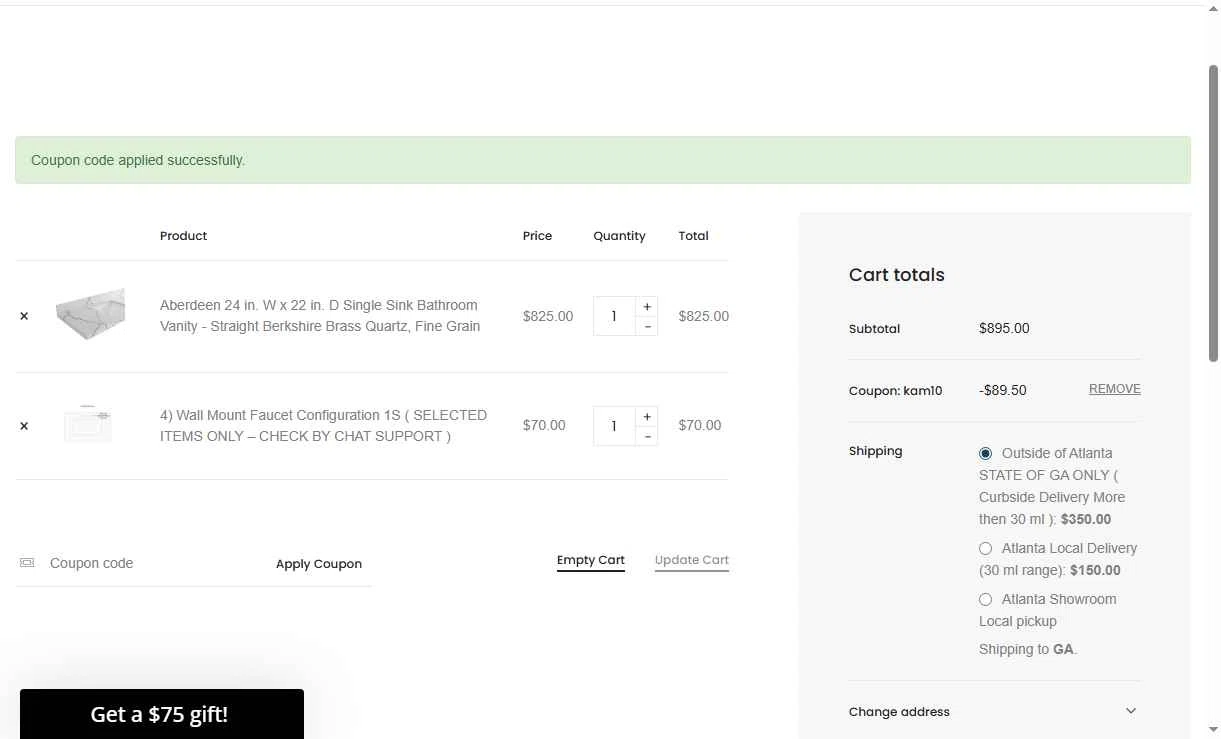 Willow Bath and Vanity checkout page showing Willow Bath and Vanity coupon code box | Screenshot taken by SimplyCodes community member on Aug 18, 2025